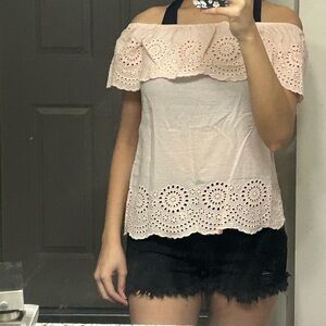 Off-Shoulder Eyelet Flutter Top - Blush